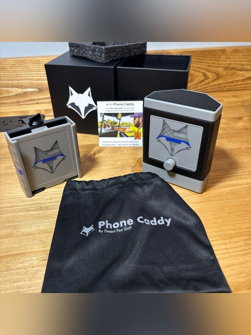 Desert Fox Golf DJ-10 Cart Bluetooth Speaker Blue Line Bundle with phone Caddy
